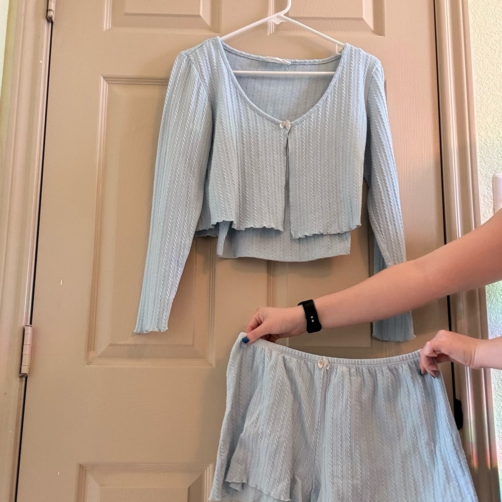 Pink Rose Sky Blue Knit Tank Top, Sweater, and Shorts Set